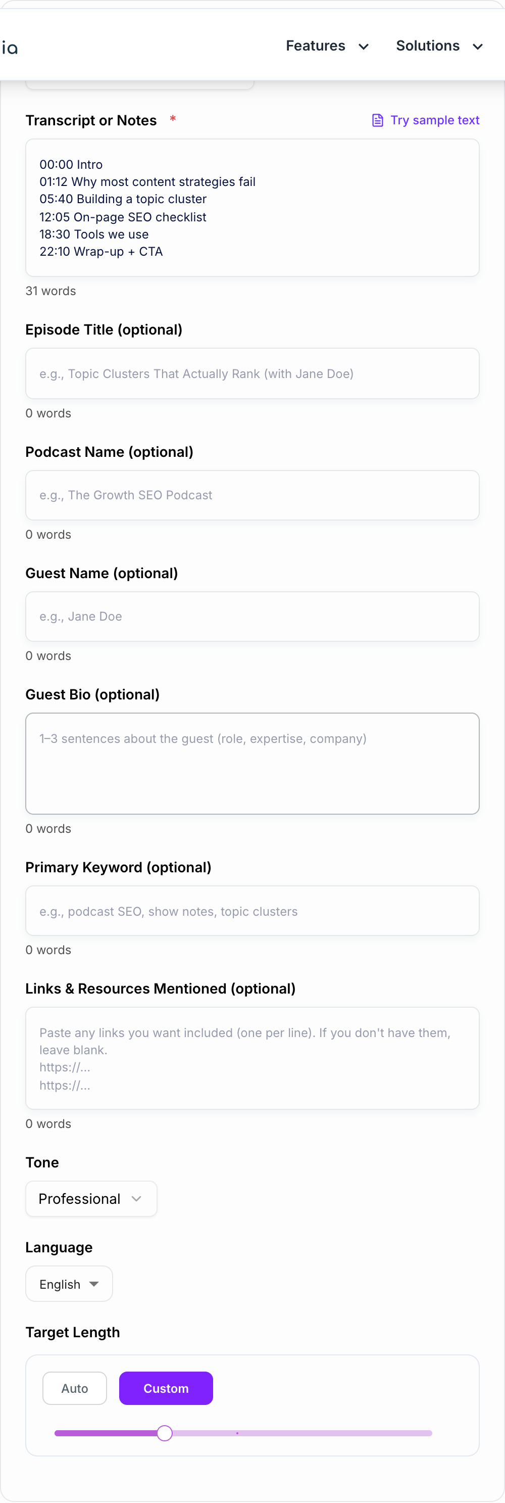 Screenshot of the AI Podcast Show Notes Generator workspace