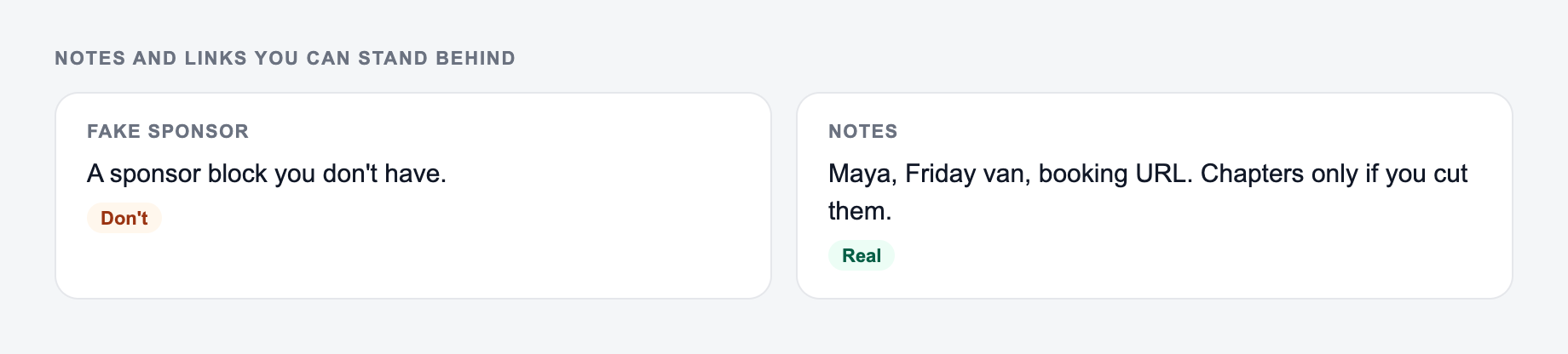 Screenshot from the AI Podcast Show Notes Generator showing show notes with real links and no fake sponsor
