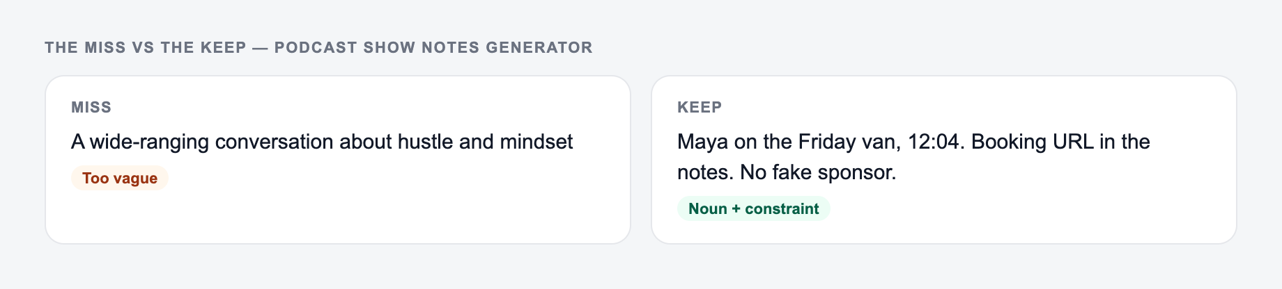 Screenshot comparing a weak Podcast Show Notes Generator brief (“A wide-ranging conversation about hustle and mindset”) with a stronger one that names chapter timestamps and times come from the file you pasted