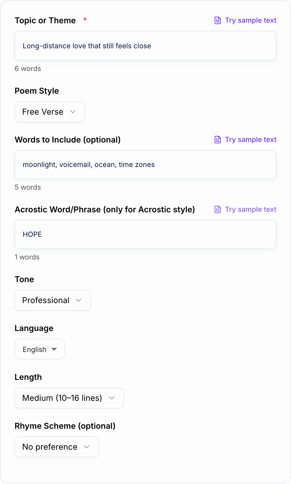 Screenshot of the AI Poem Generator form with subject, form, and tone filled in
