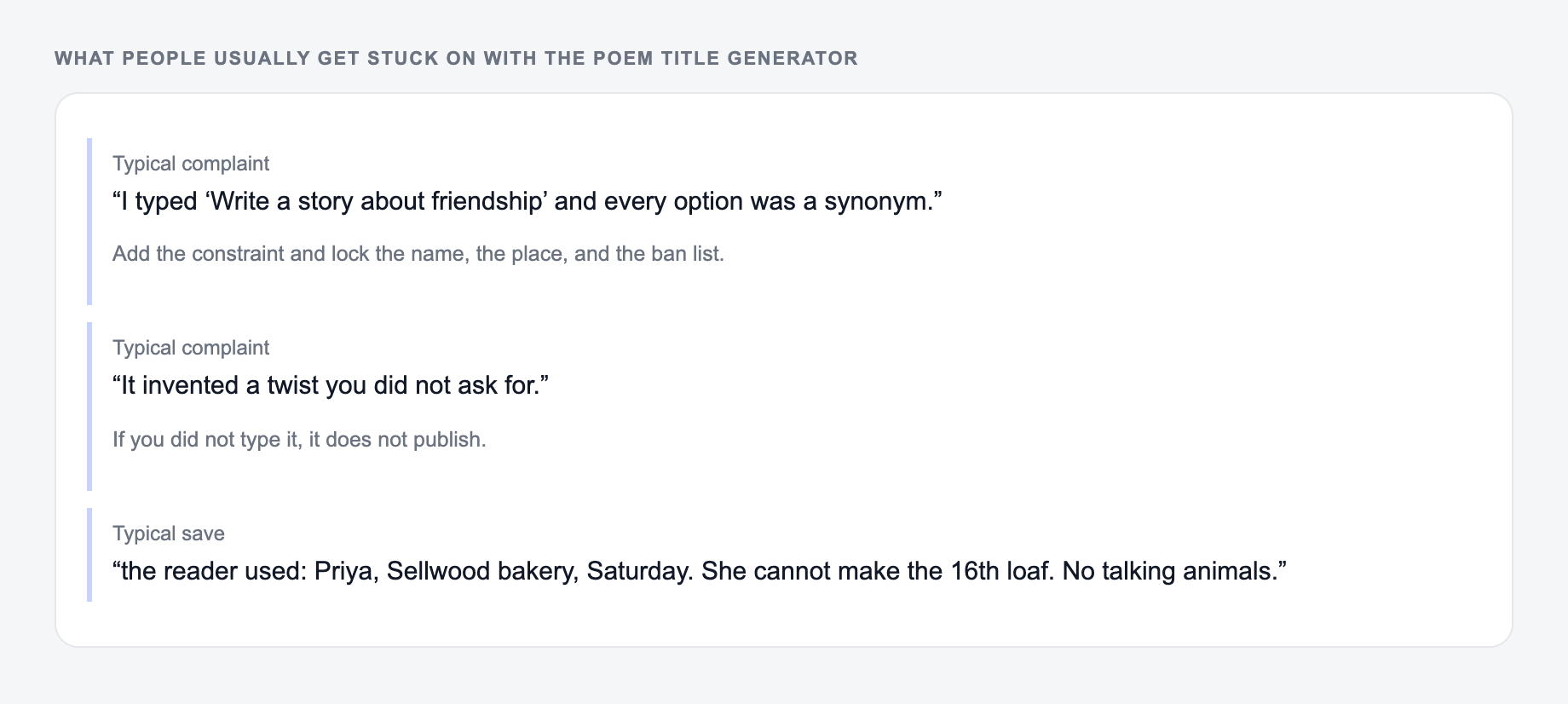Screenshot of three review notes about the Poem Title Generator, including a complaint that the draft invented a twist you did not ask for and a save that locked the name, the place, and the ban list