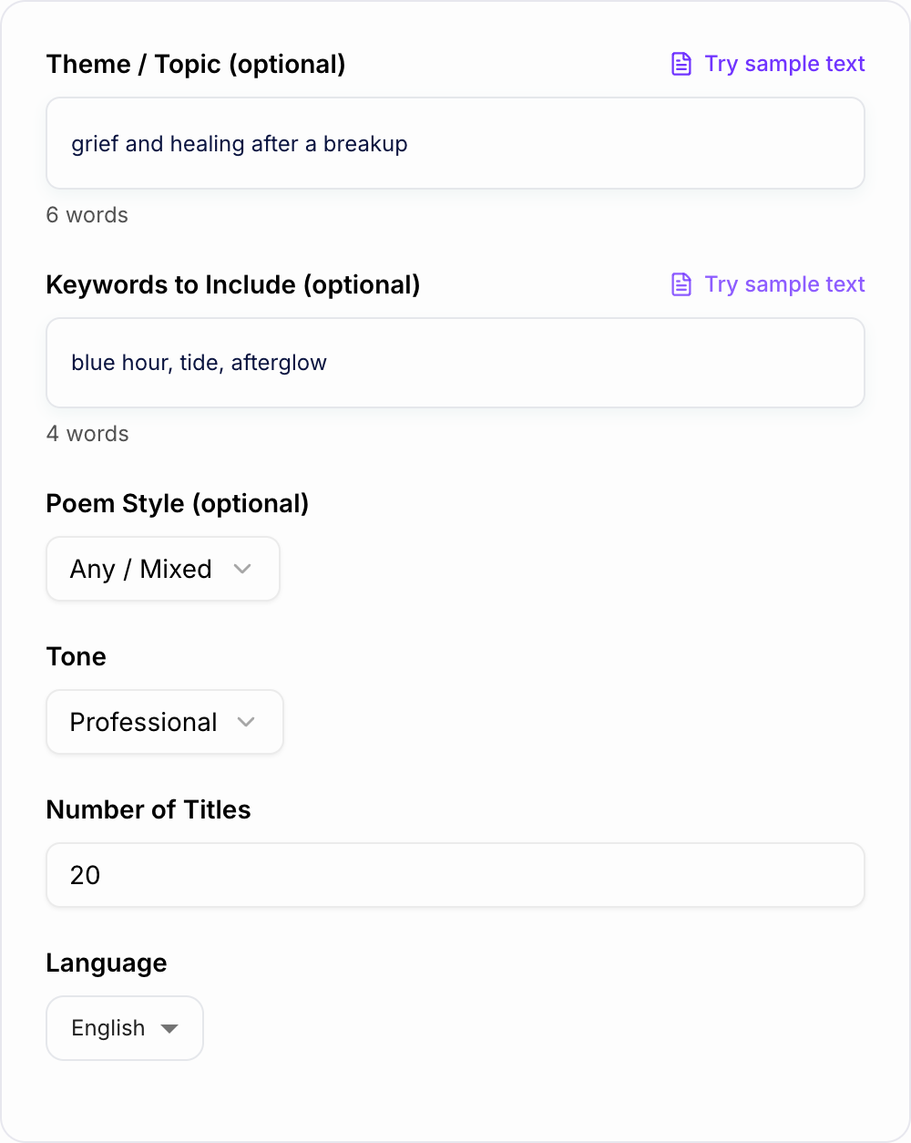 Screenshot of the AI Poem Title Generator workspace