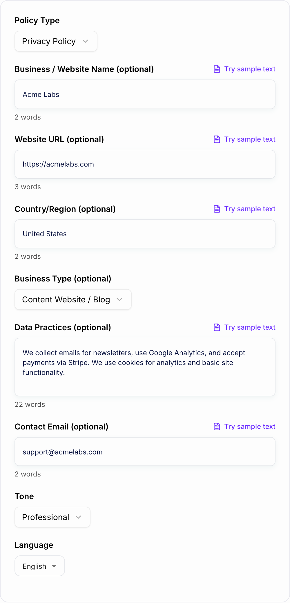 Screenshot of the AI Policy Generator form with policy type, business, and jurisdiction filled in
