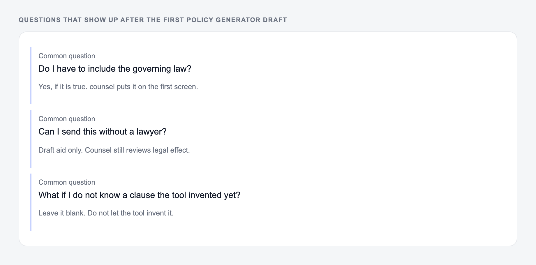 Screenshot of three common questions people ask after generating with the Policy Generator, including what to lock (Oregon and the 14-day notice) and when to stop