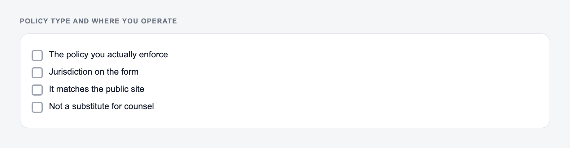 Screenshot from the AI Policy Generator showing a policy that matches what you do, versus a clause the tool invented
