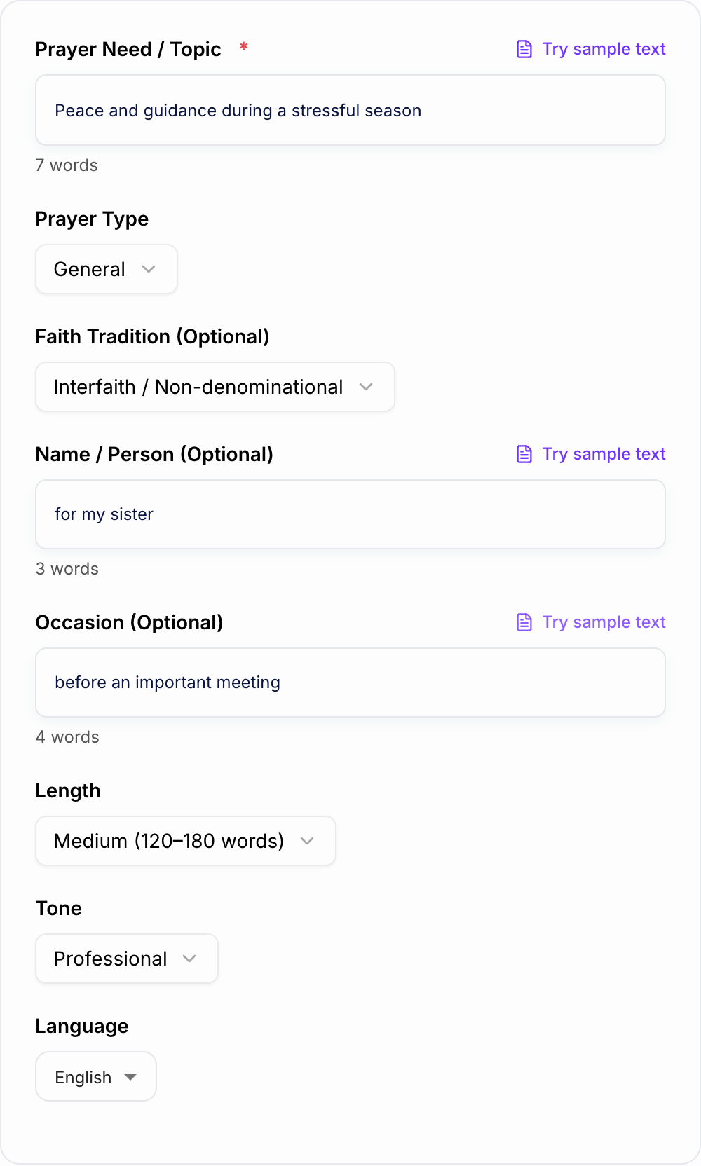 Screenshot of the AI Prayer Generator form with intention, tradition, and tone filled in