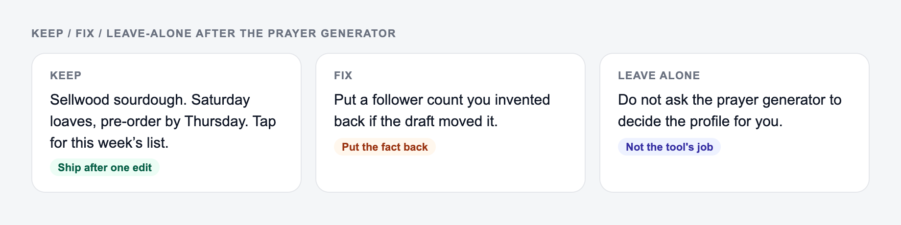 Screenshot of a keep / fix / leave-alone guide for the Prayer Generator: keep the line that names the niche line, put a follower count you invented back, and do not outsource the profile