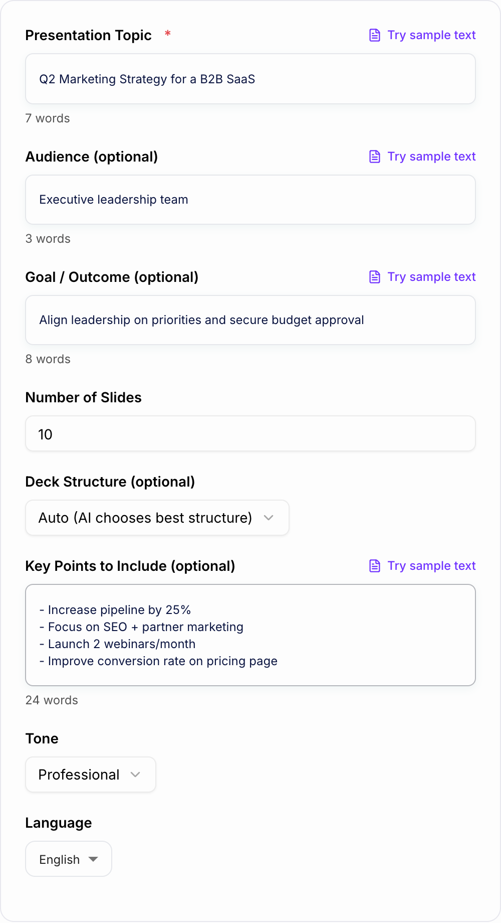 Screenshot of the AI Presentation Slides Text Generator form with notes, audience, and slide count filled in