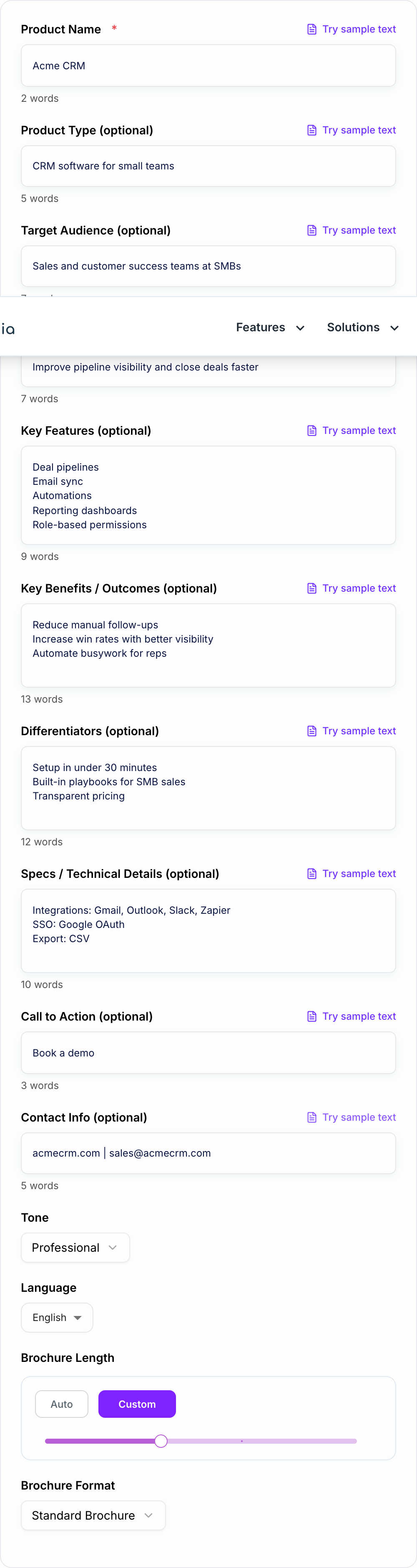 Screenshot of the AI Product Brochure Generator workspace