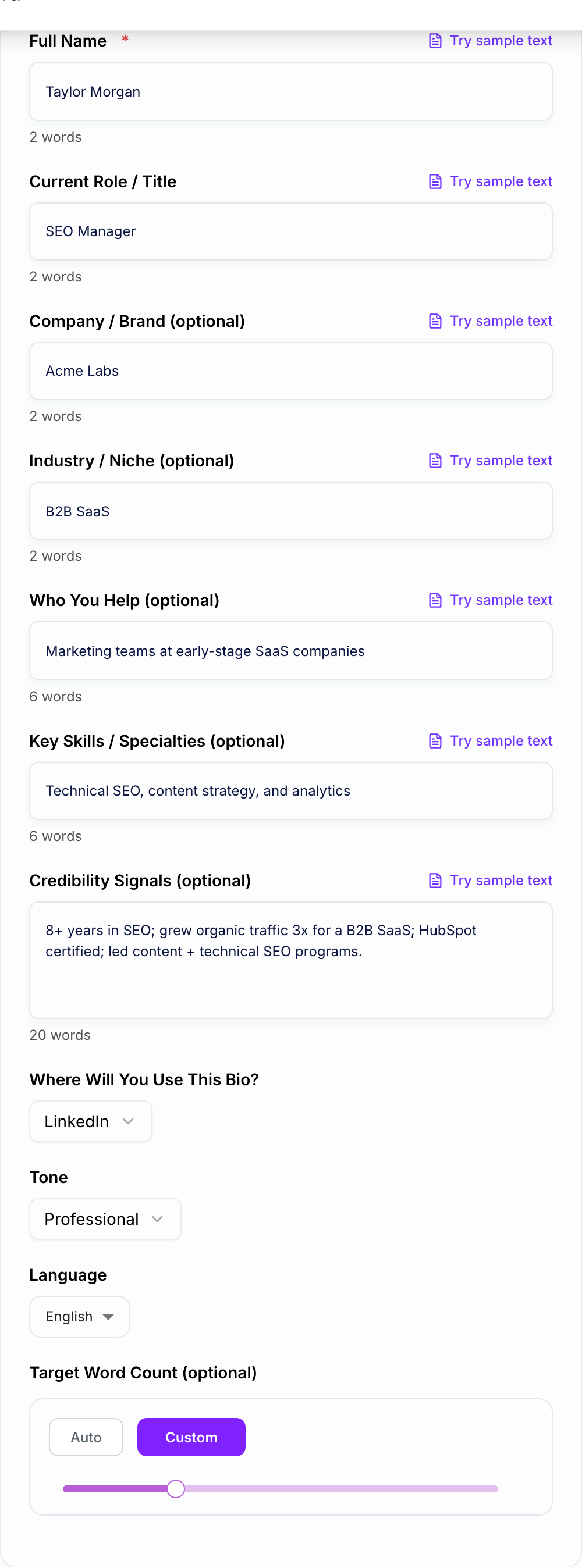 Screenshot of the AI Professional Bio Generator form with role, proof, and platform filled in