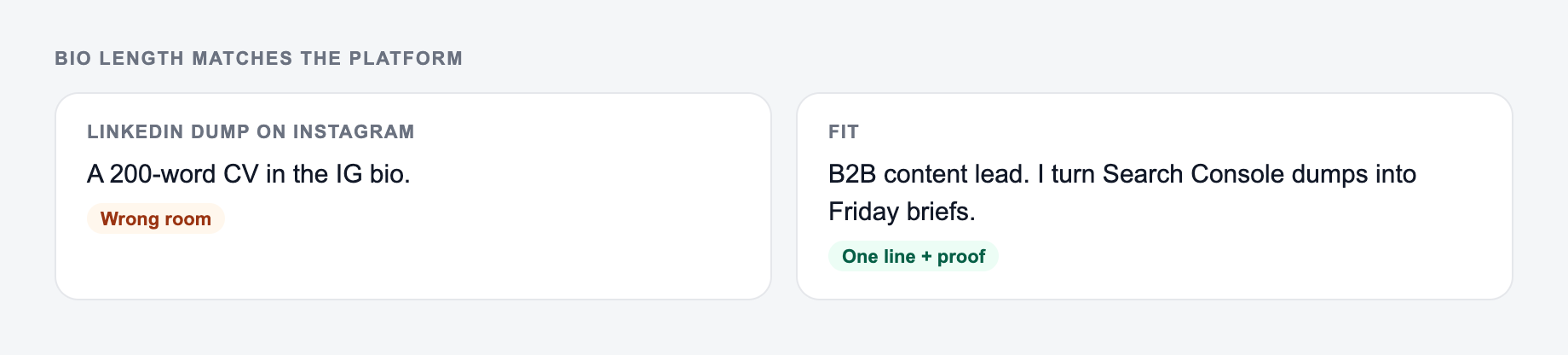 Screenshot from the AI Professional Bio Generator showing a professional bio that changes by platform and still names the work