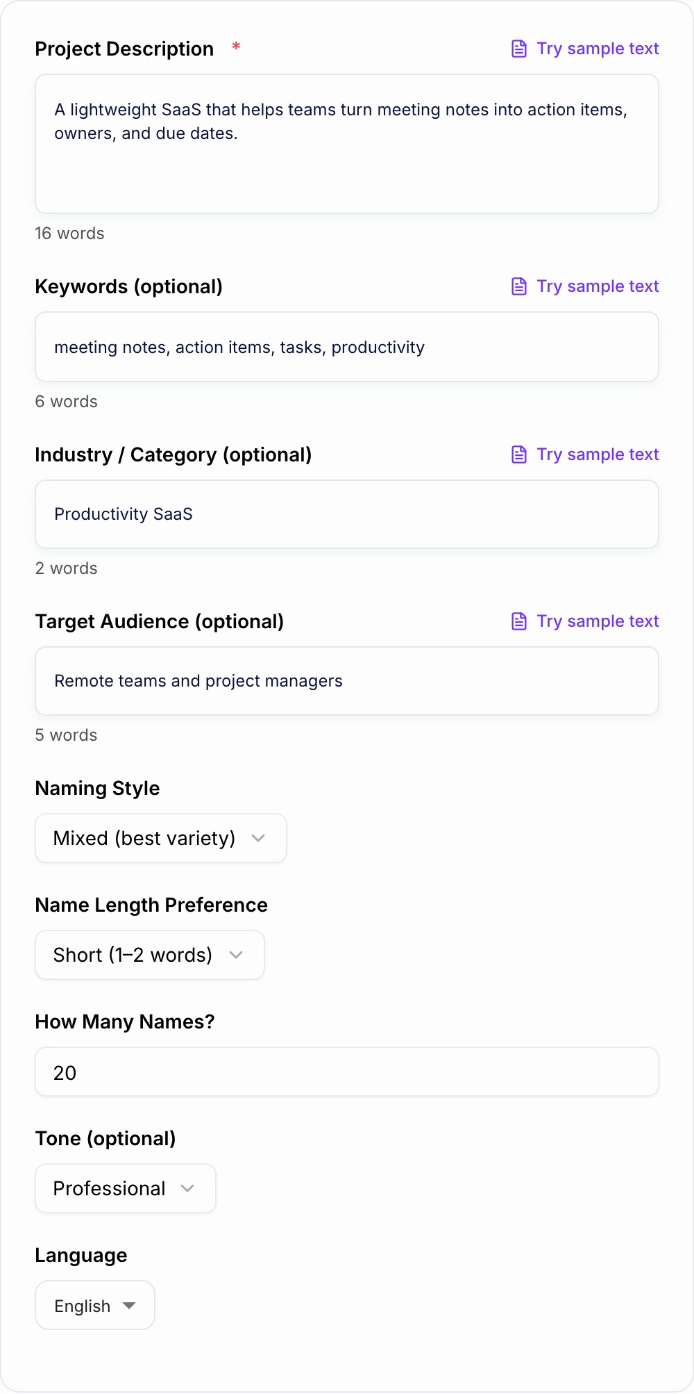 Screenshot of the AI Project Name Generator form with project purpose, audience, and naming style filled in