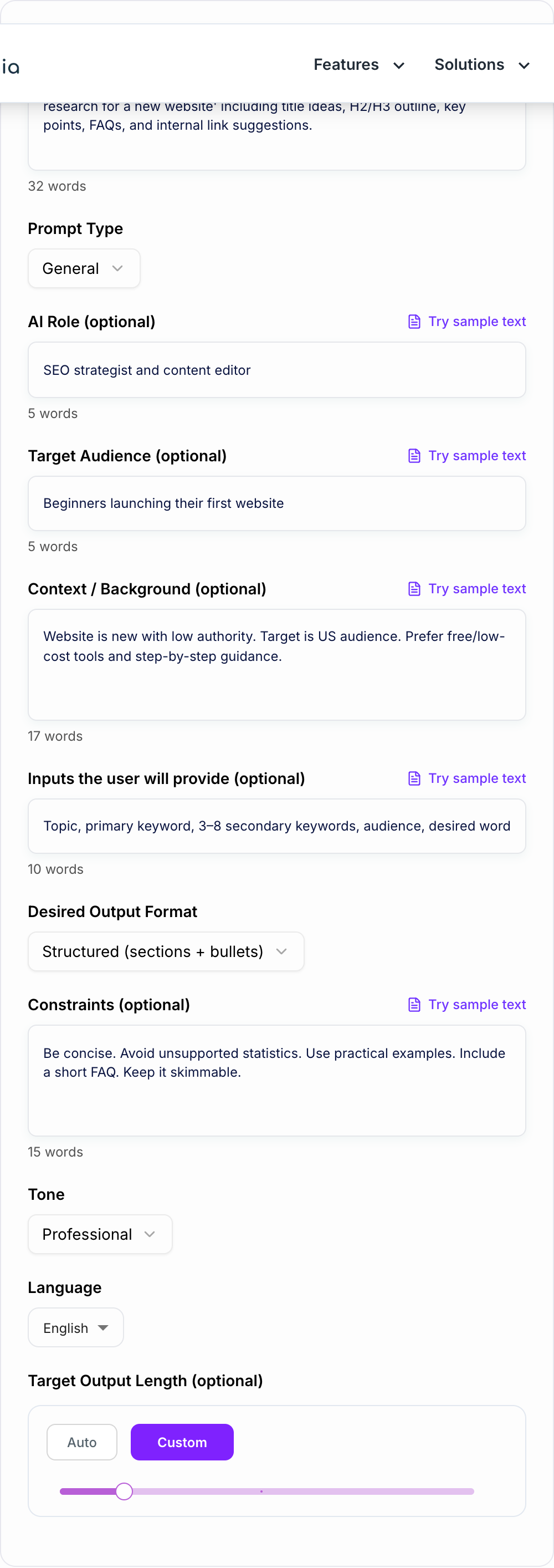 Screenshot of the ChatGPT Prompt Generator form