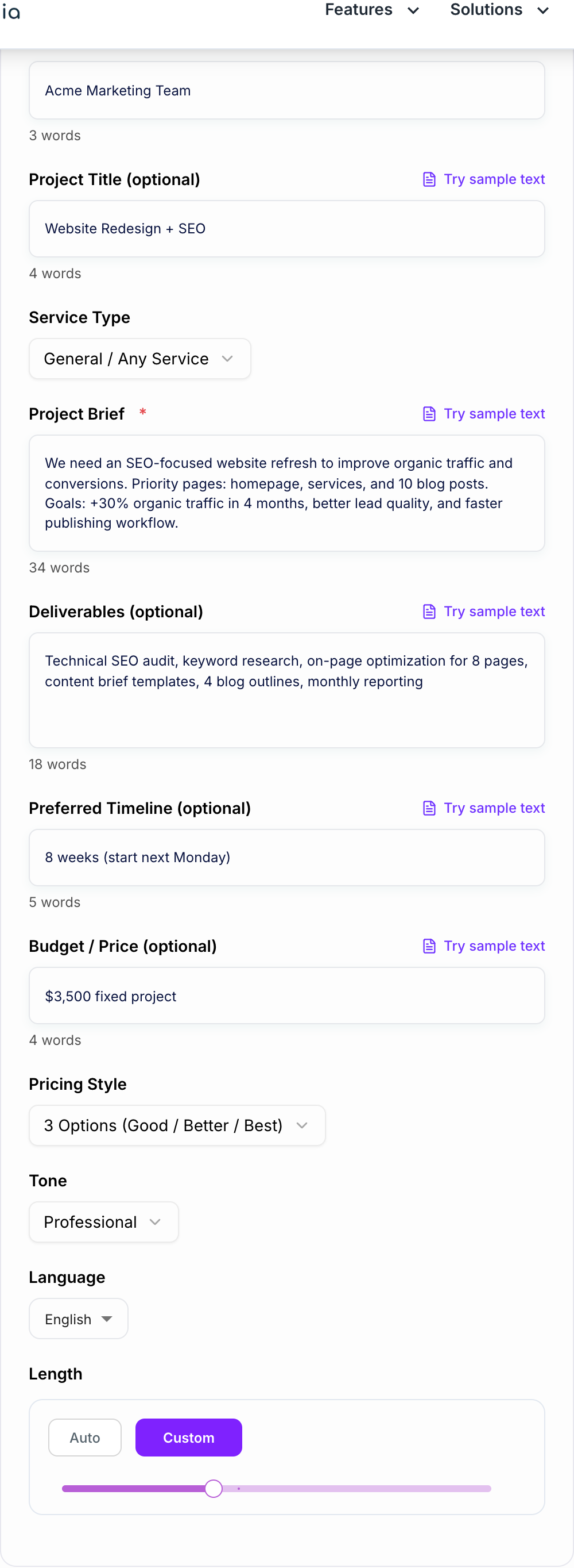 Screenshot of the AI Proposal Generator form