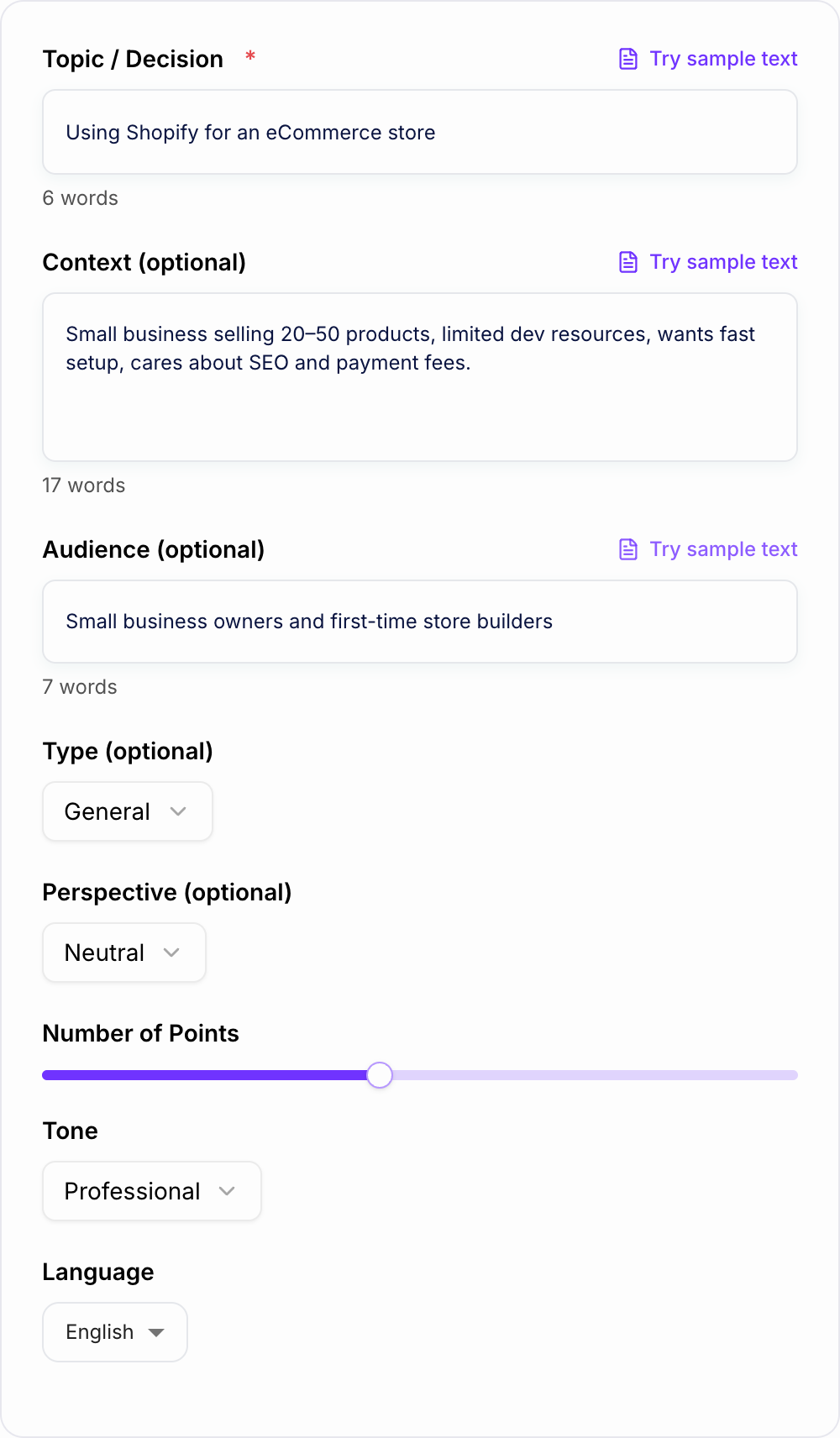 Screenshot of the AI Pros and Cons Generator form with a Shopify store decision, audience, and constraints filled in