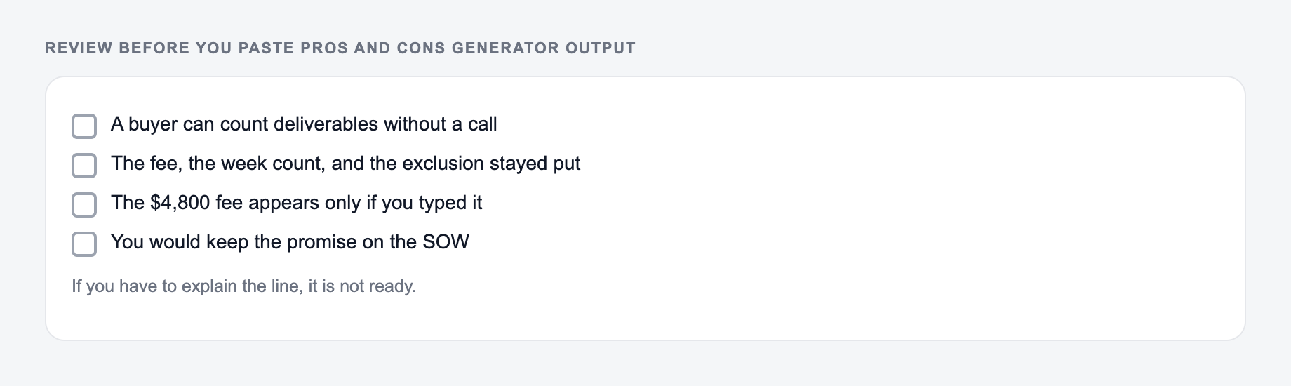 Screenshot of a four-item review checklist for Pros and Cons Generator output, covering what must stay true and what the draft is not allowed to invent