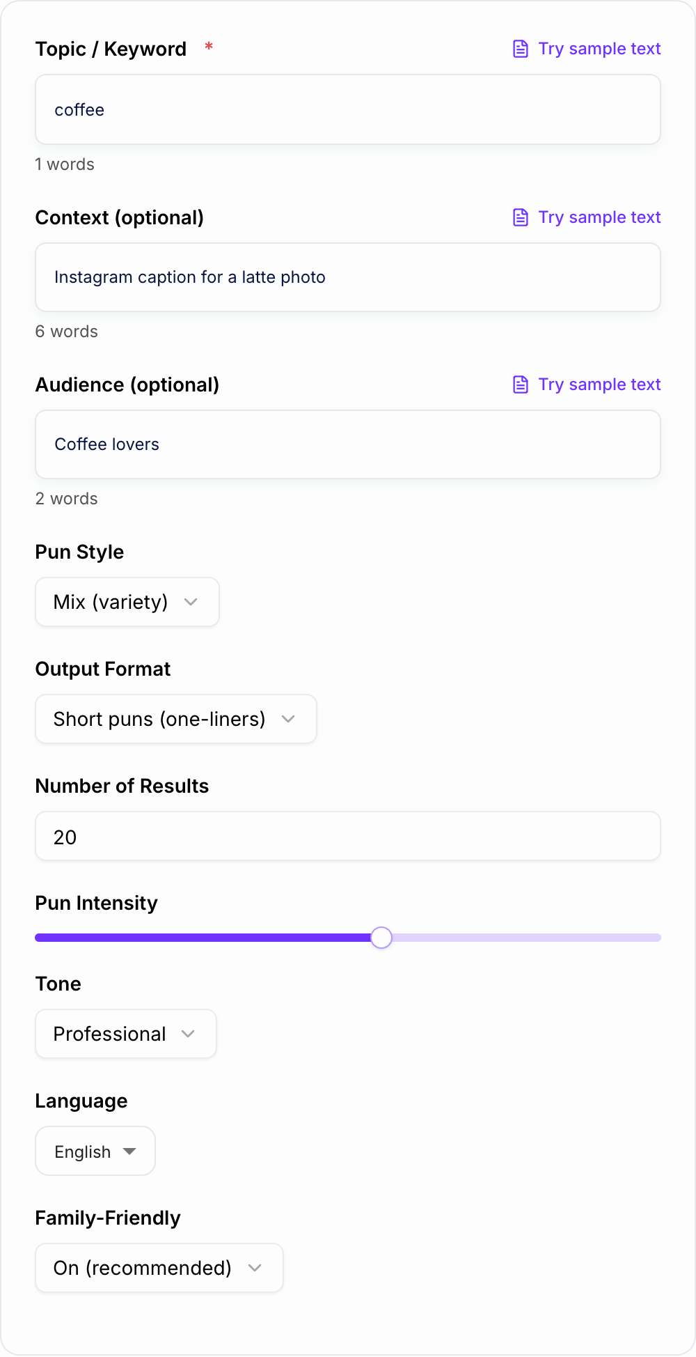 Screenshot of the AI Pun Generator form with a seed word, category, and use case filled in
