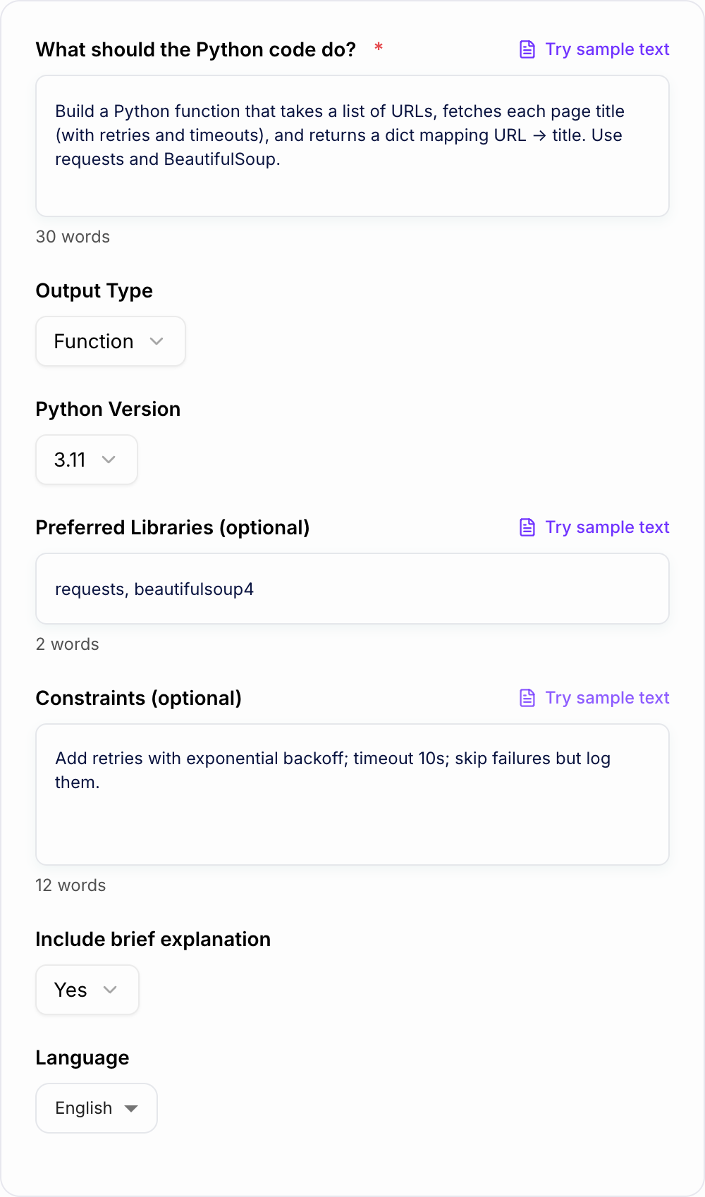 Screenshot of the AI Python Code Generator workspace