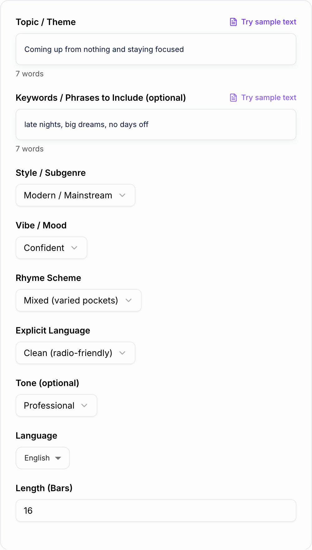 Screenshot of the AI Rap Lyrics Generator form with theme, section, and bar count filled in