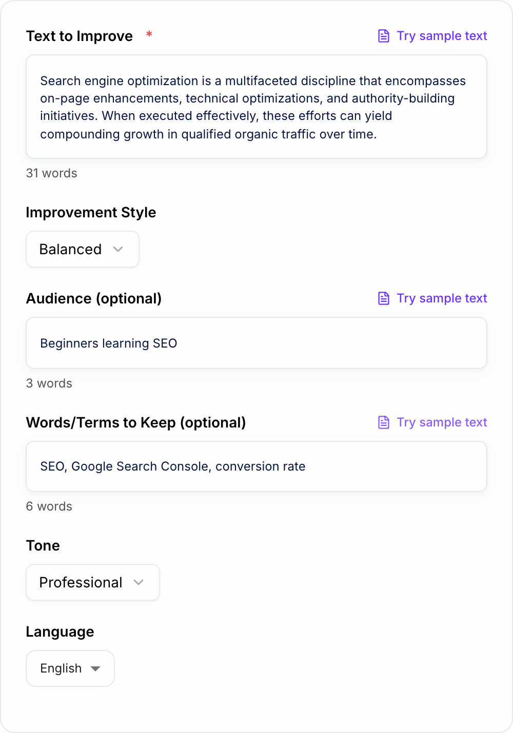 Screenshot of the AI Readability Improver generator form with a dense onboarding paragraph, style, and protected terms filled in