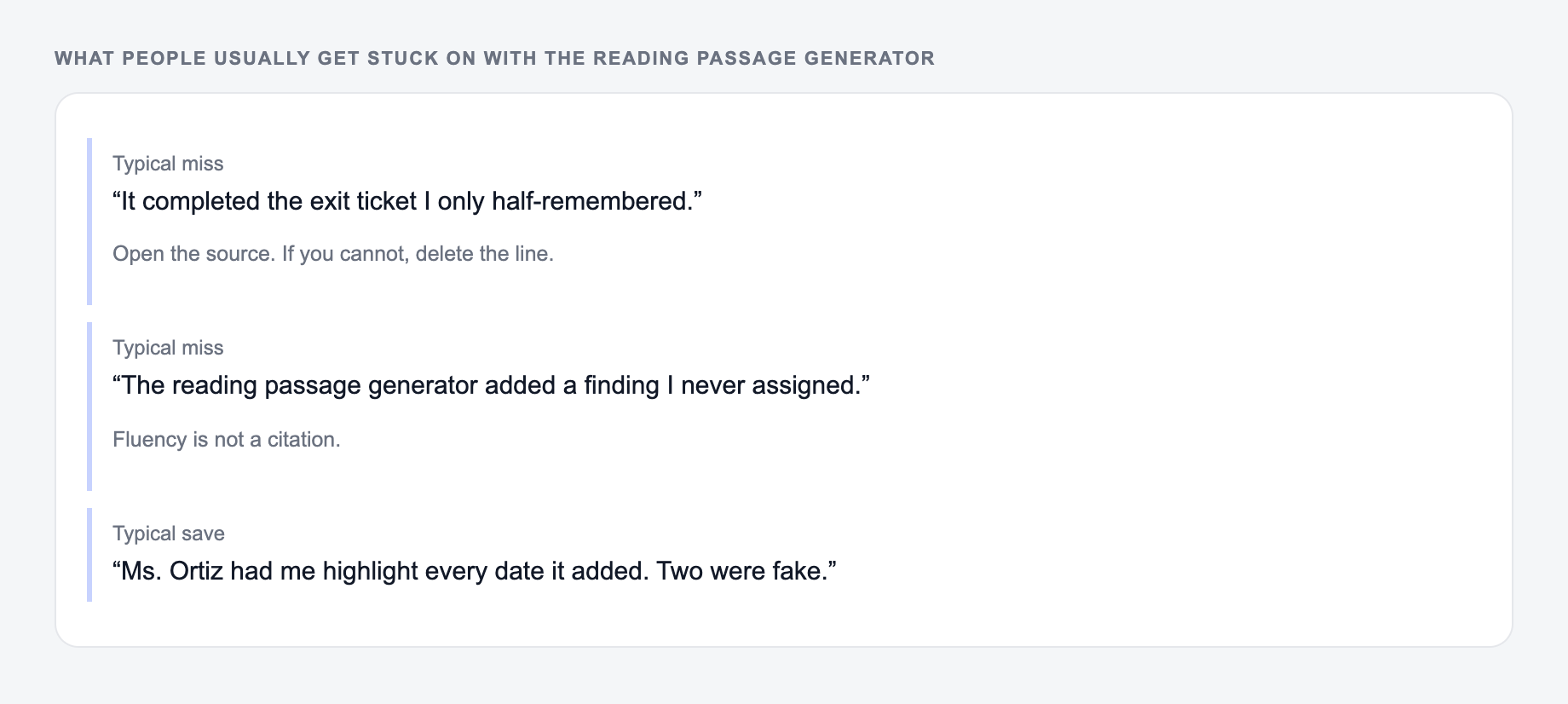 Screenshot of three review notes about the Reading Passage Generator, including a complaint that the draft invented 12 minutes and a save that locked the Friday reading and the 12-minute window