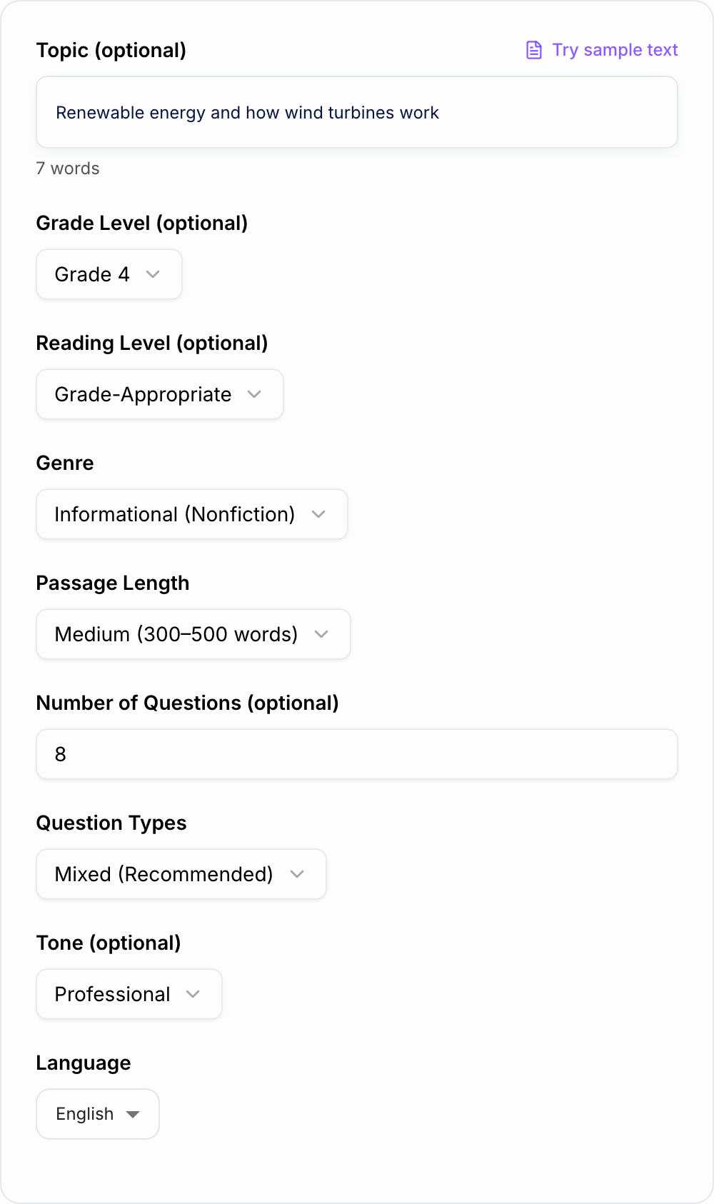 Screenshot of the AI Reading Passage Generator form