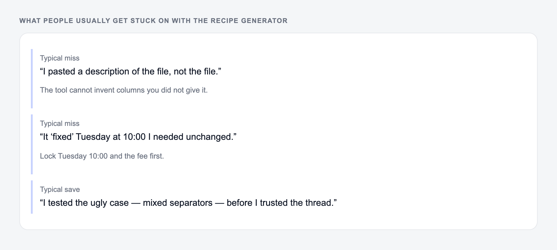 Screenshot of three review notes about the Recipe Generator, including a complaint that the draft invented the $4,800 fee and a save that locked Tuesday 10:00 and the fee