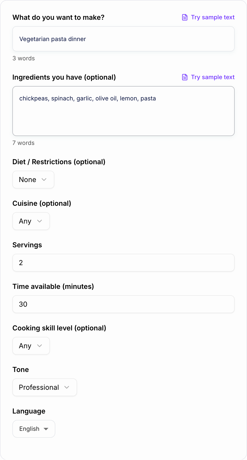 Screenshot of the AI Recipe Generator workspace