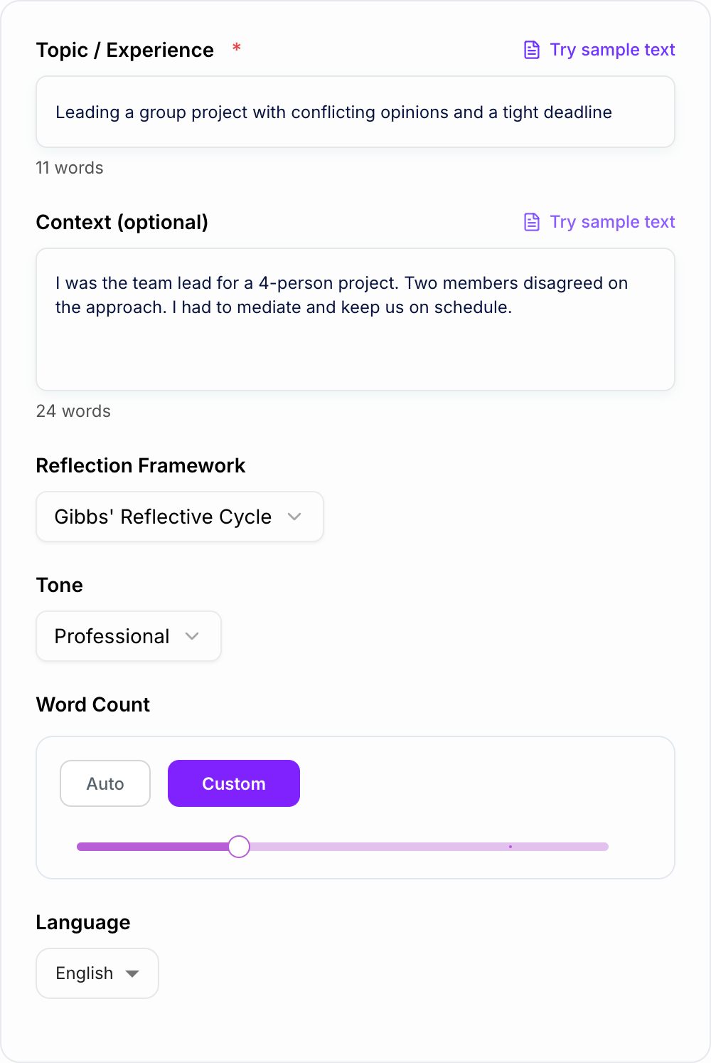 Screenshot of the AI Reflection Generator form