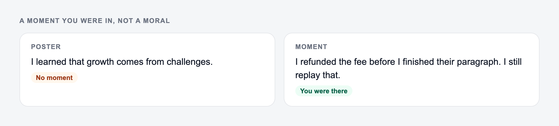 Screenshot from the AI Reflection Generator showing a reflection that names what happened, versus I-learned-a-lot
