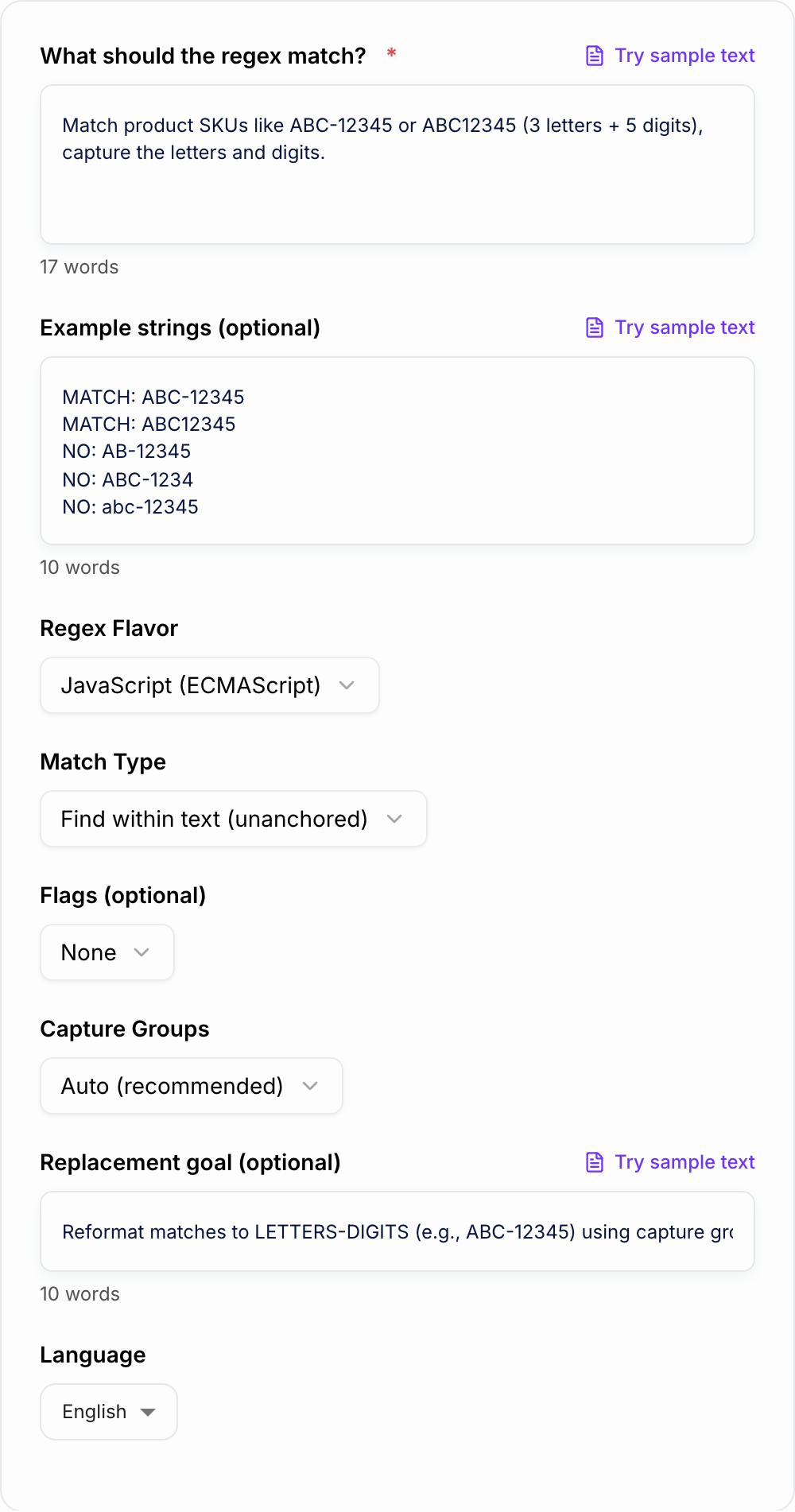 Screenshot of the AI Regex Generator form