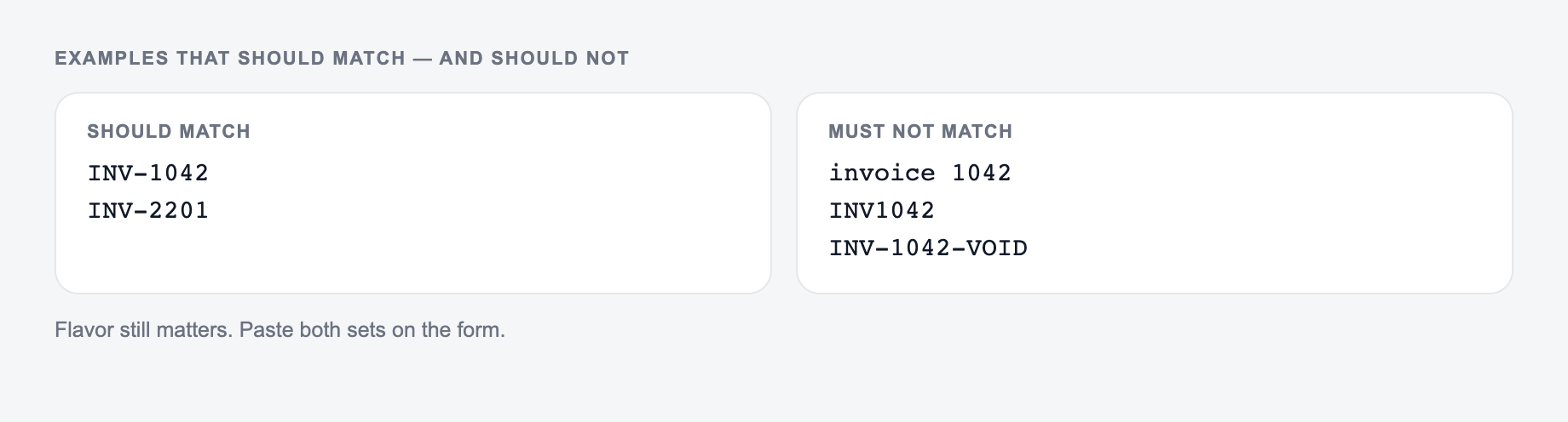 Match and reject examples for the AI Regex Generator