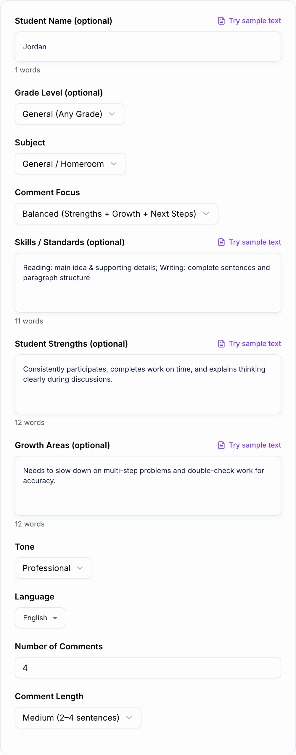 Screenshot of the AI Report Card Comments Generator form with student notes, subject, and tone filled in