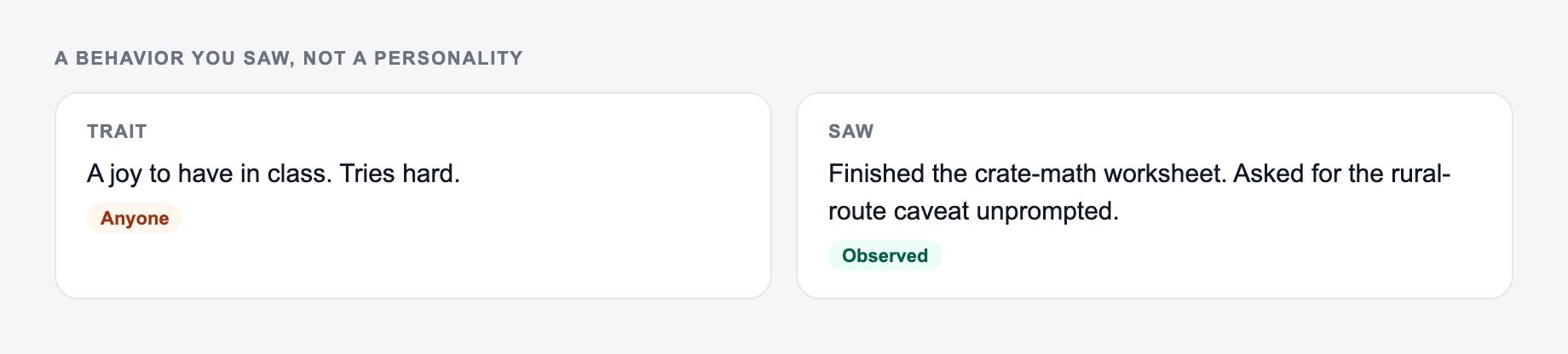 Screenshot from the AI Report Card Comments Generator showing report-card comments that name the work, versus a pleasure-to-have