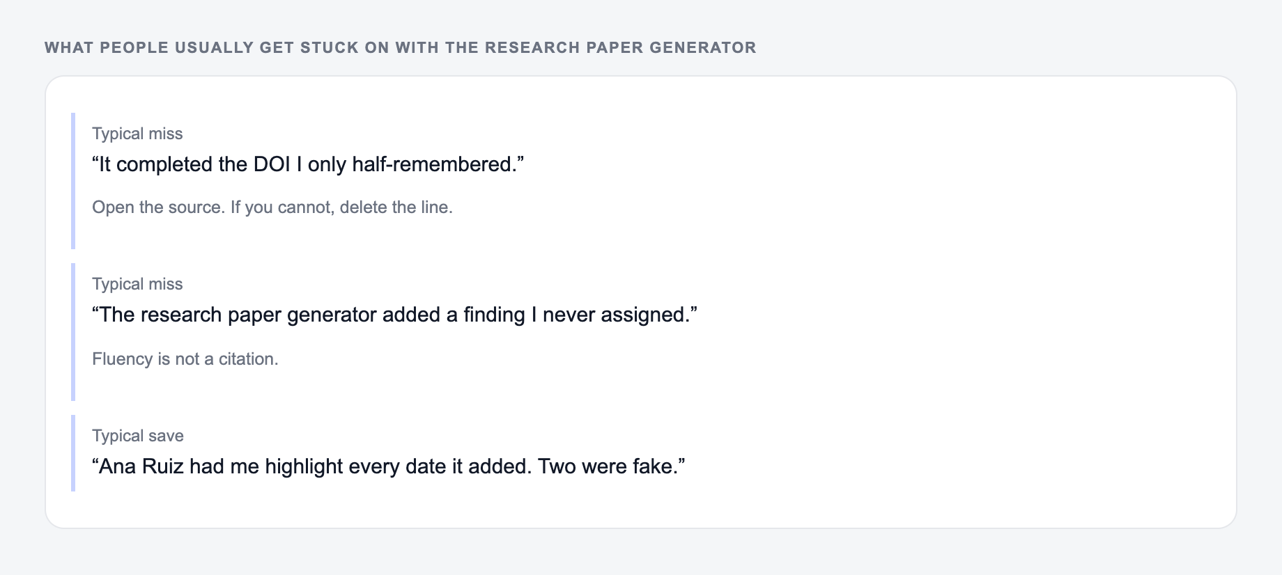Screenshot of three review notes about the Research Paper Generator, including a complaint that the draft invented the 2025 year and a save that locked author names, year, and the DOI