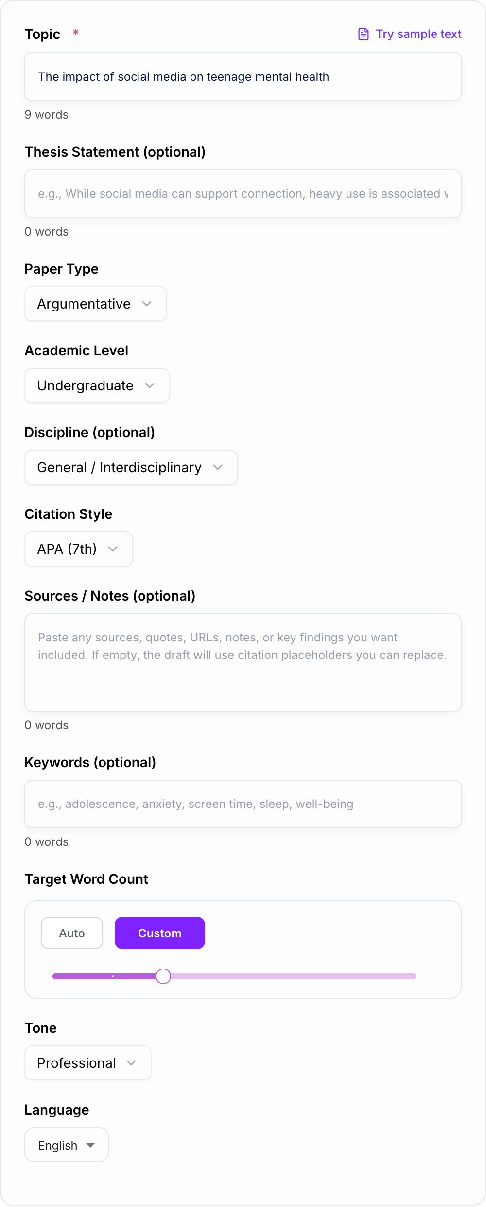 Screenshot of the AI Research Paper Generator form with topic, sources, and paper type filled in
