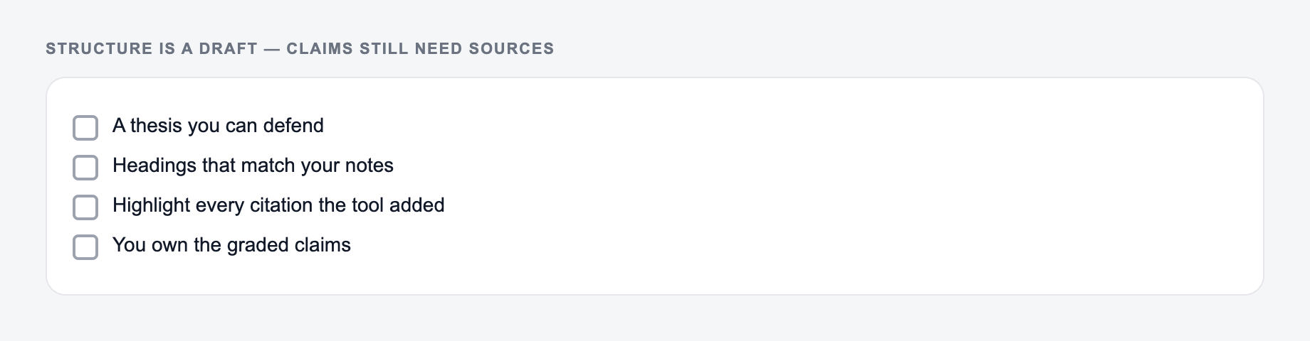 Screenshot from the AI Research Paper Generator showing a research-paper skeleton that does not invent sources