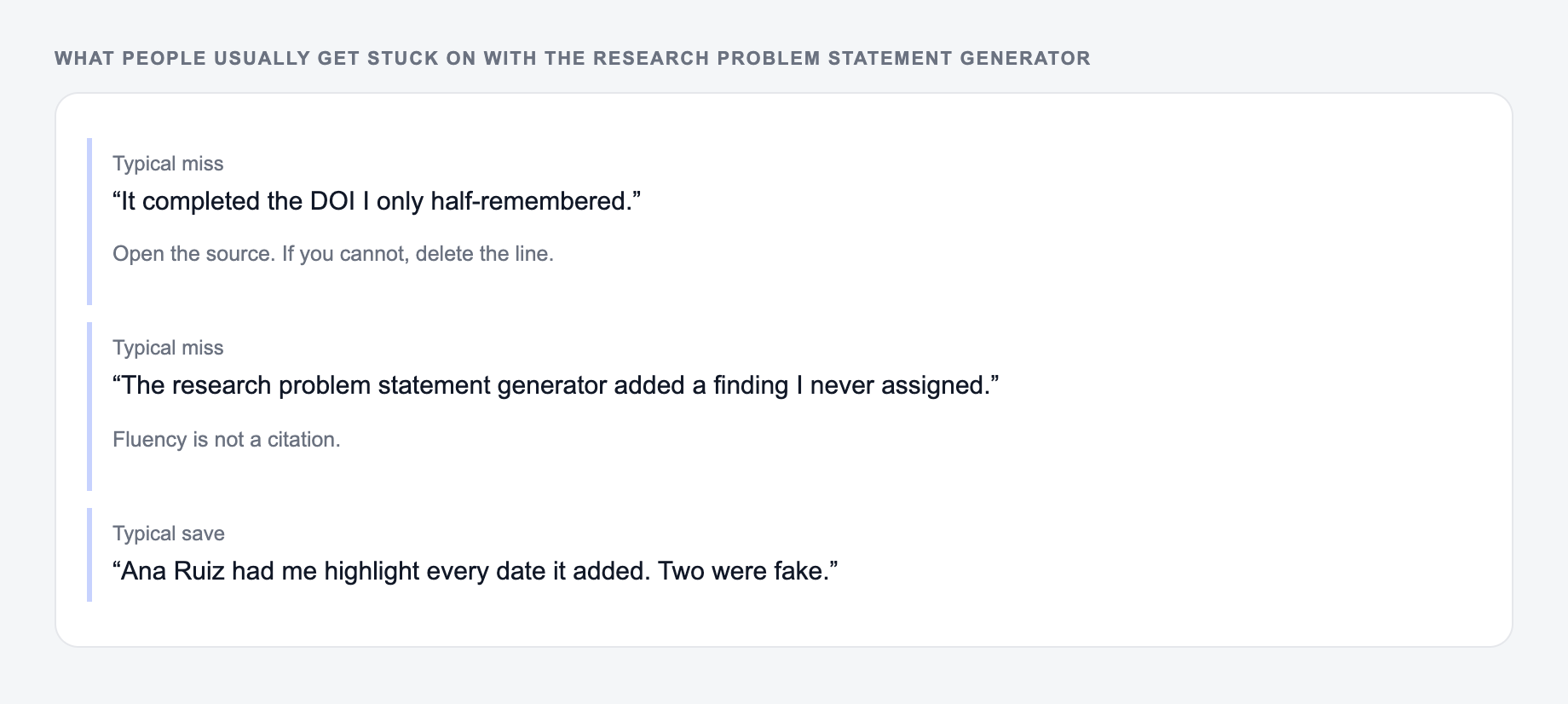 Screenshot of three review notes about the Research Problem Statement Generator, including a complaint that the draft invented the 2025 year and a save that locked author names, year, and the DOI
