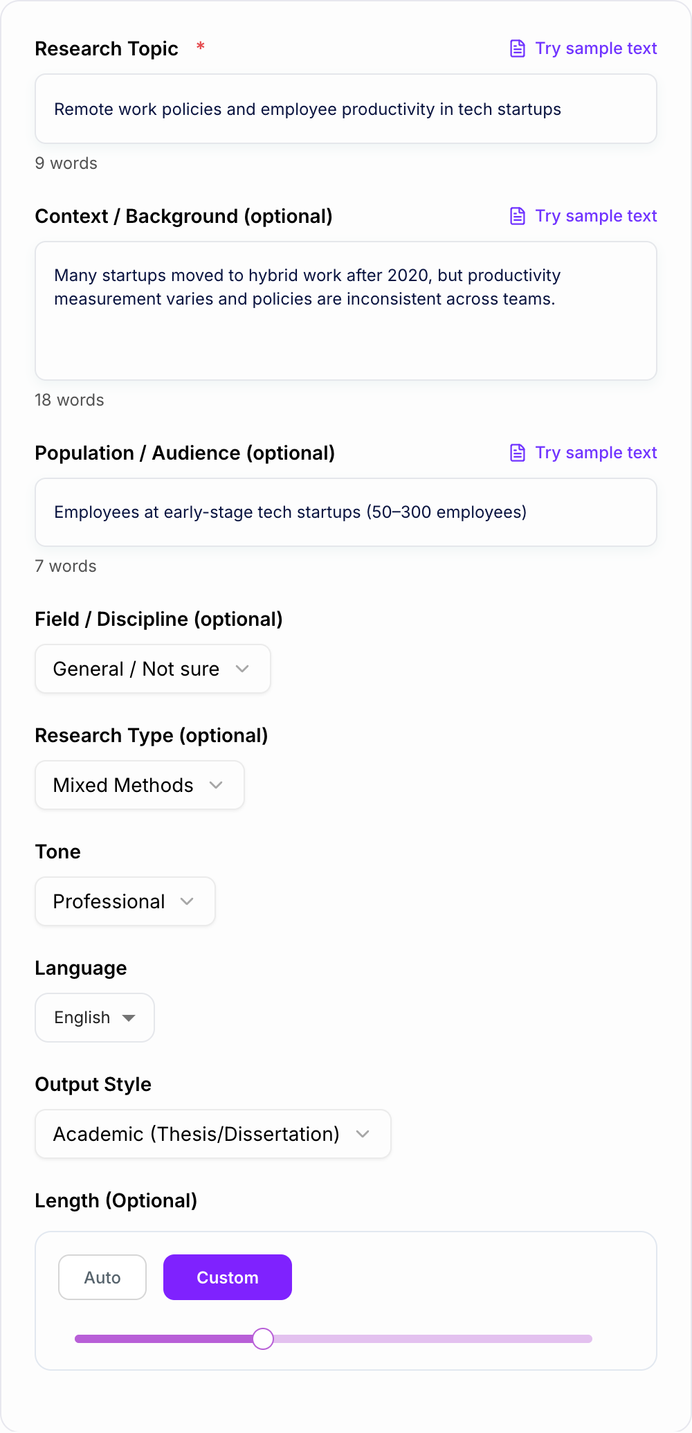 Screenshot of the AI Research Problem Statement Generator workspace