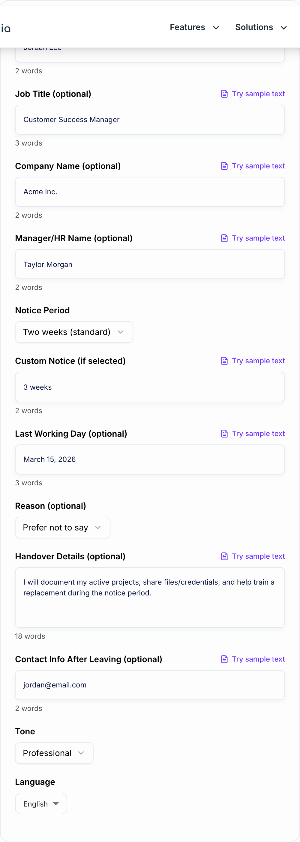 Screenshot of the AI Resignation Letter Generator form