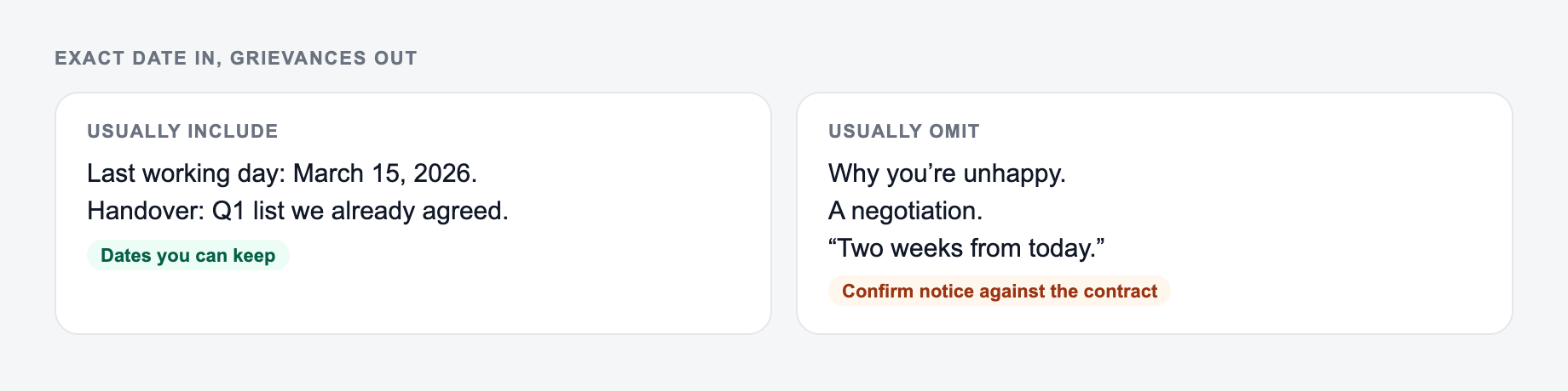 Include vs omit guide for the AI Resignation Letter Generator