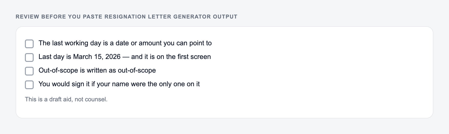 Screenshot of a four-item review checklist for Resignation Letter Generator output, covering what must stay true and what the draft is not allowed to invent