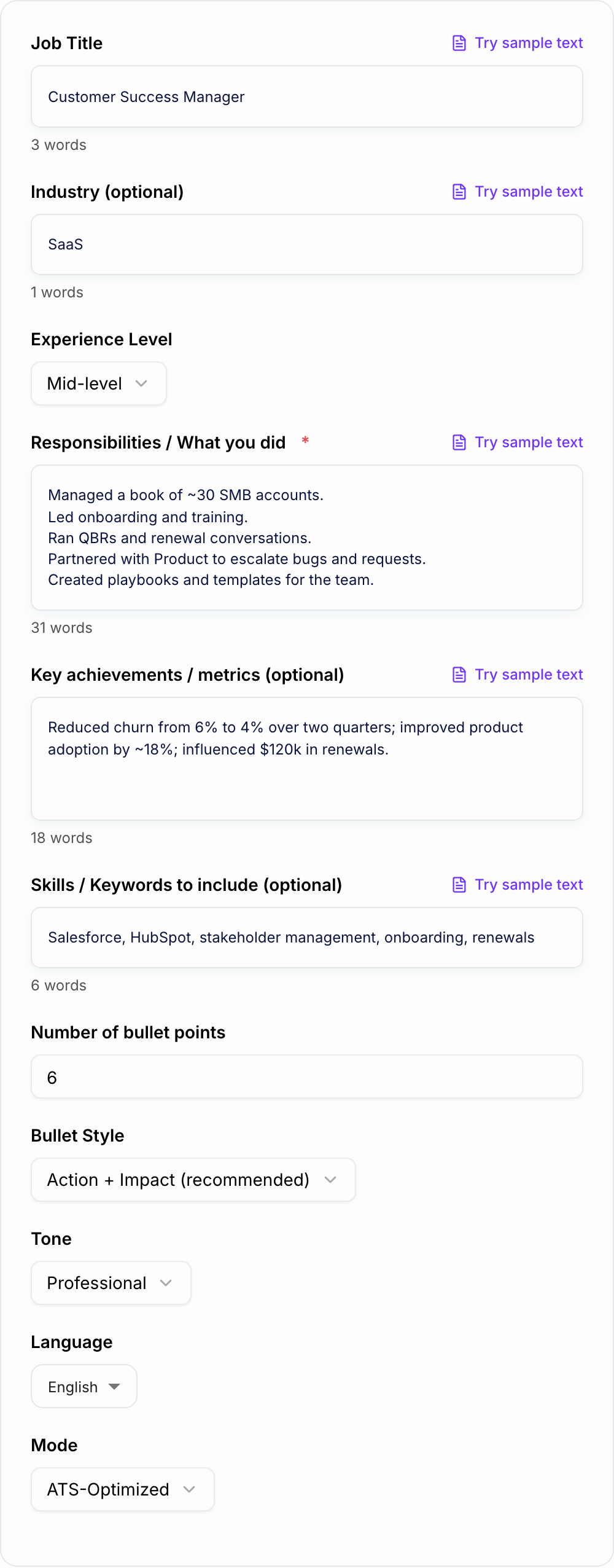 Screenshot of the AI Resume Bullet Points Generator form