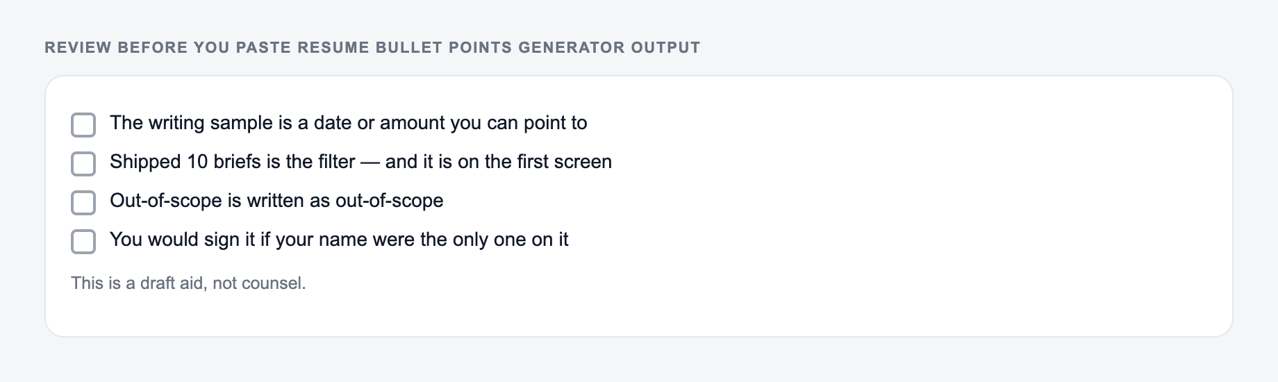 Screenshot of a four-item review checklist for Resume Bullet Points Generator output, covering what must stay true and what the draft is not allowed to invent