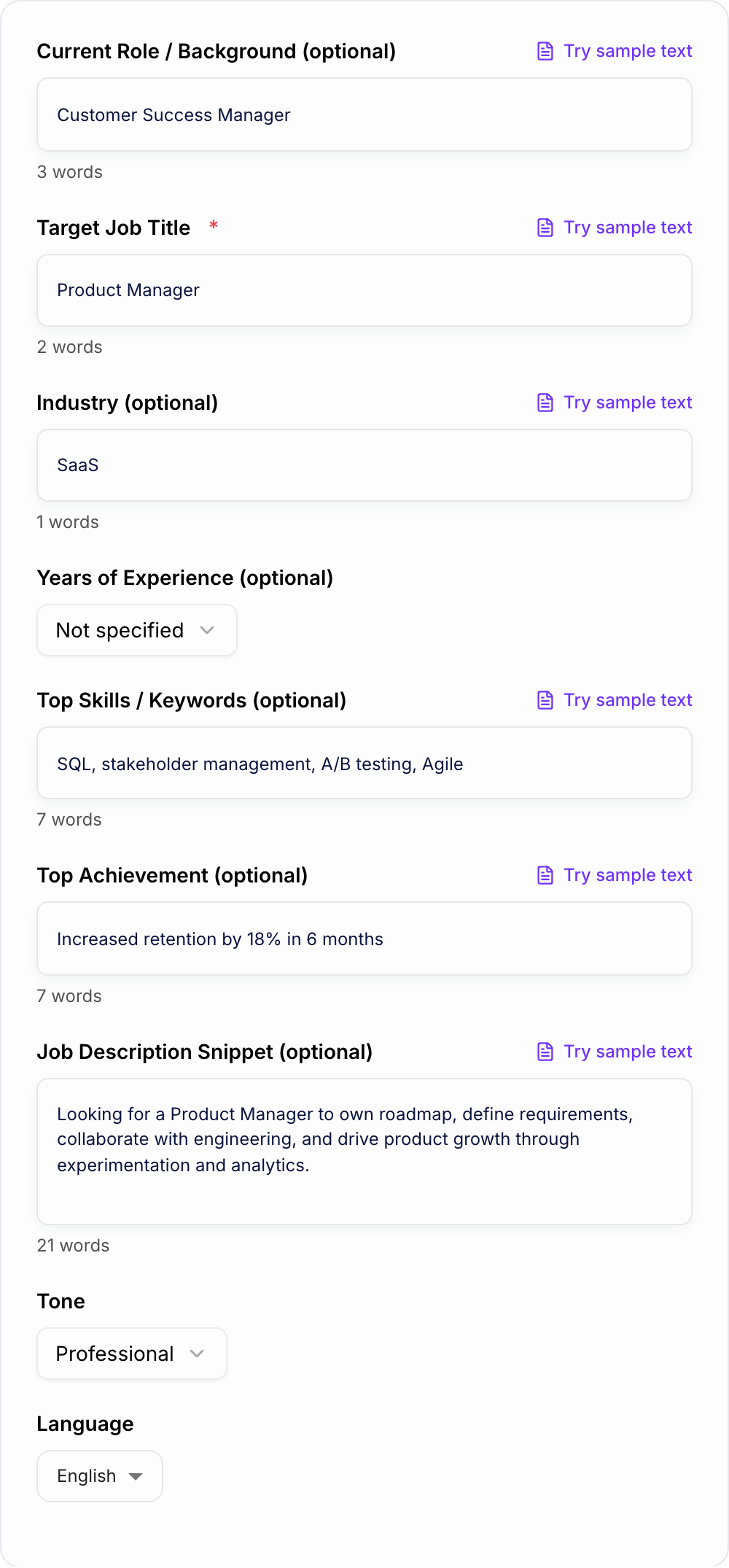 Screenshot of the AI Resume Headline Generator form with target role, skills, and years filled in