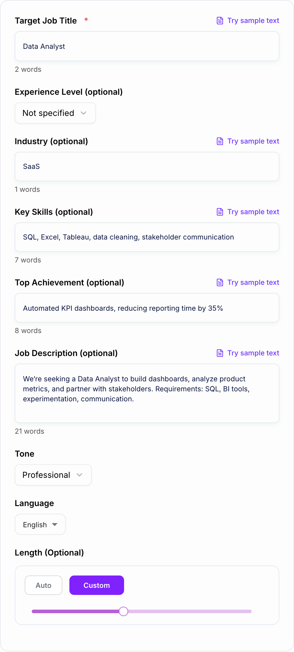 Screenshot of the AI Resume Objective Generator workspace