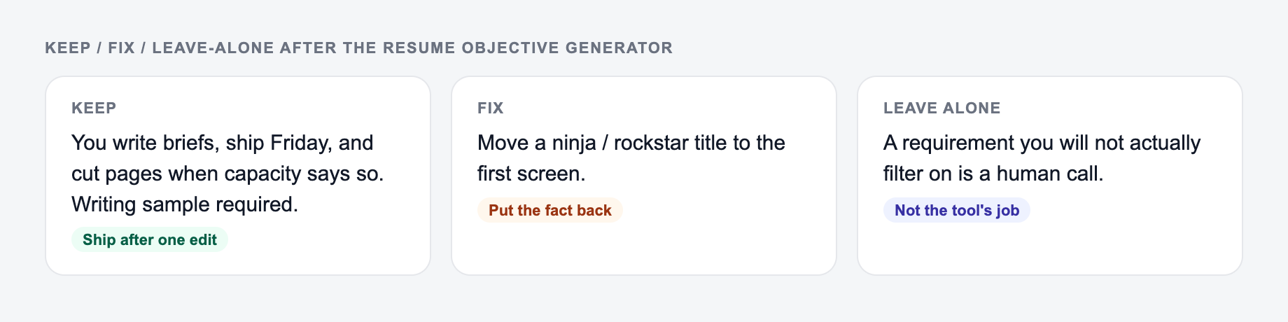 Screenshot of a keep / fix / leave-alone guide for the Resume Objective Generator: keep the line that names the writing sample, put a ninja / rockstar title back, and do not outsource the live job post