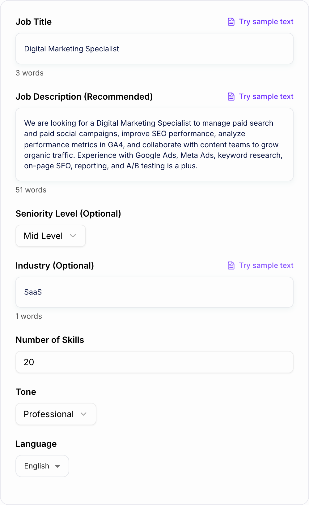 Screenshot of the AI Resume Skills Generator workspace