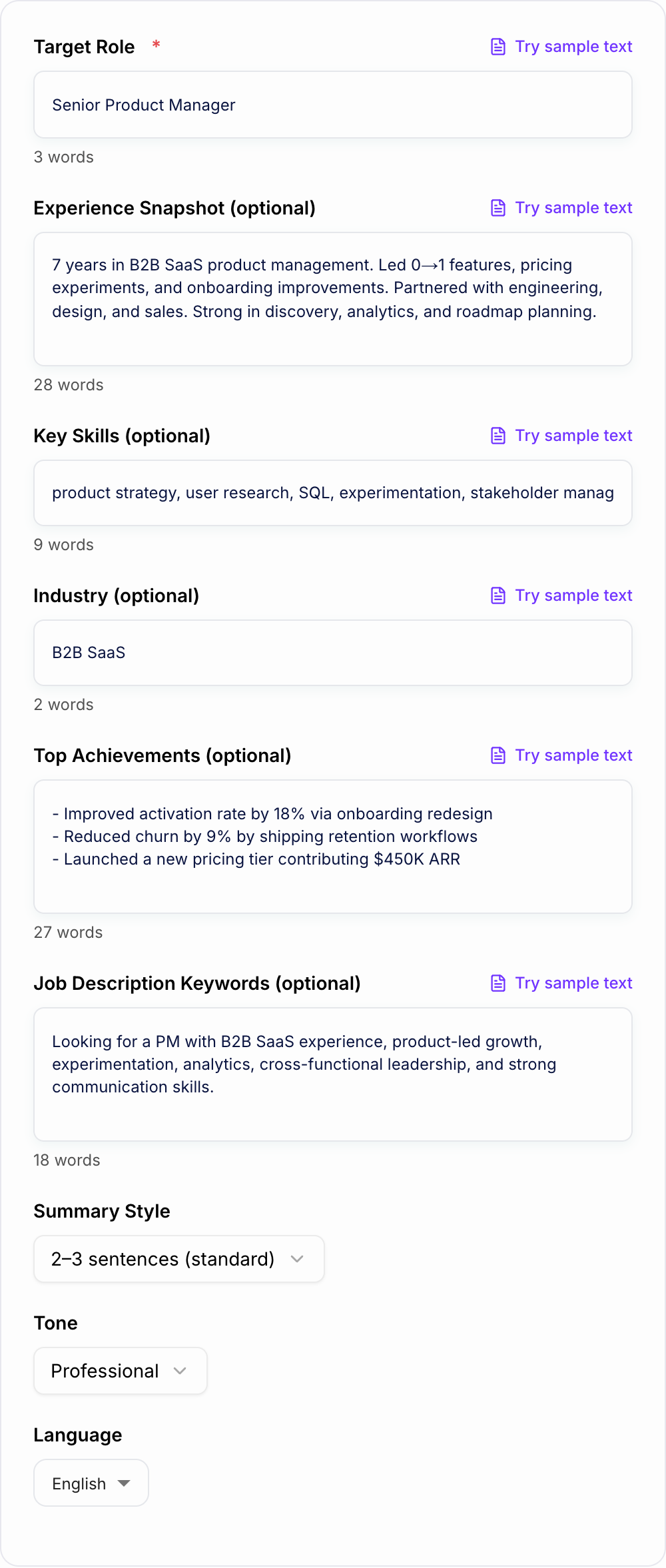 Screenshot of the AI Resume Summary Generator form with target role, achievements, and skills filled in