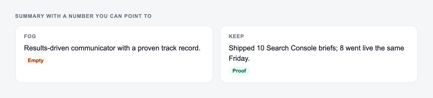 Screenshot from the AI Resume Summary Generator showing a resume summary with a number you can point to